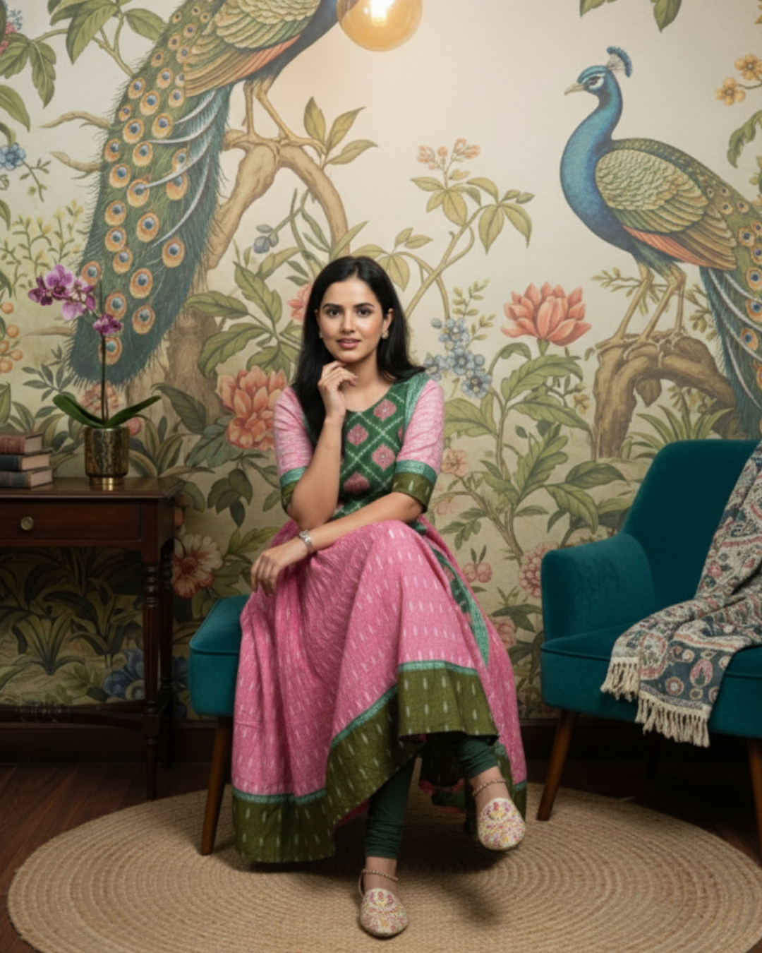 Yashika Pink & Green Sambalpuri Cotton Gown