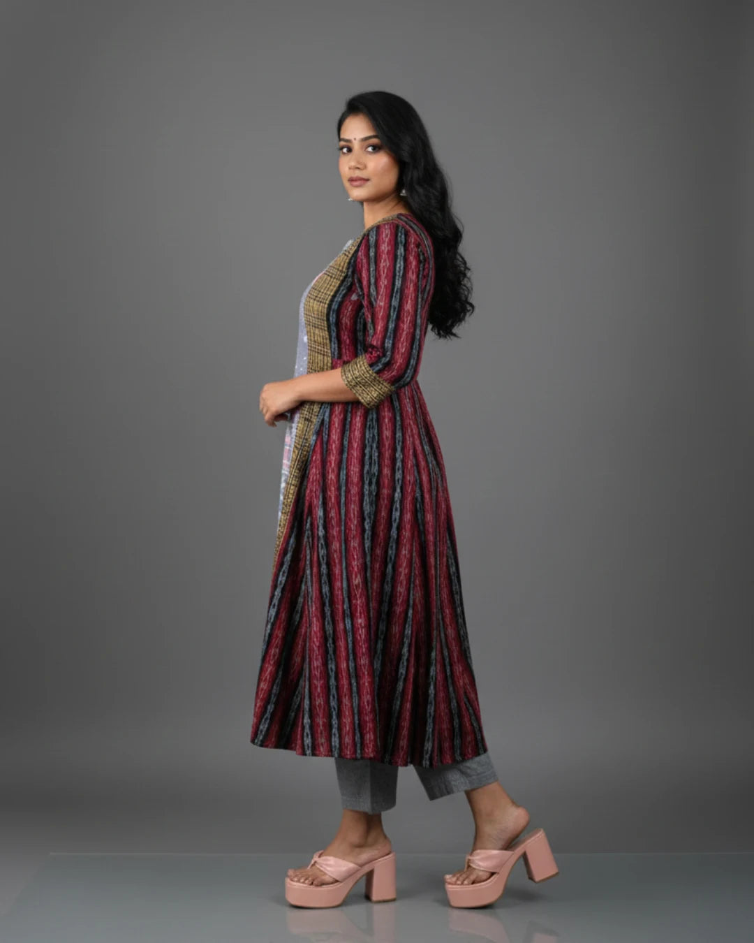Aaroh Grey & Maroon Panelled Sambalpuri Handwoven Gown