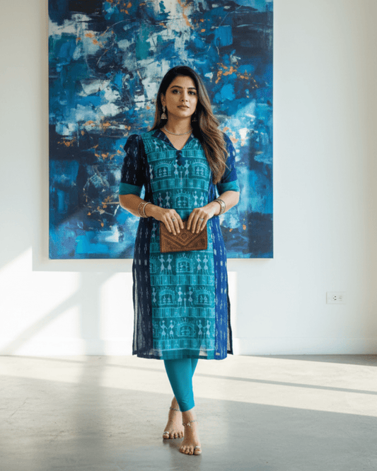 Chitra Saura Art Teal & Navy Sambalpuri Kurti - PINDHAN