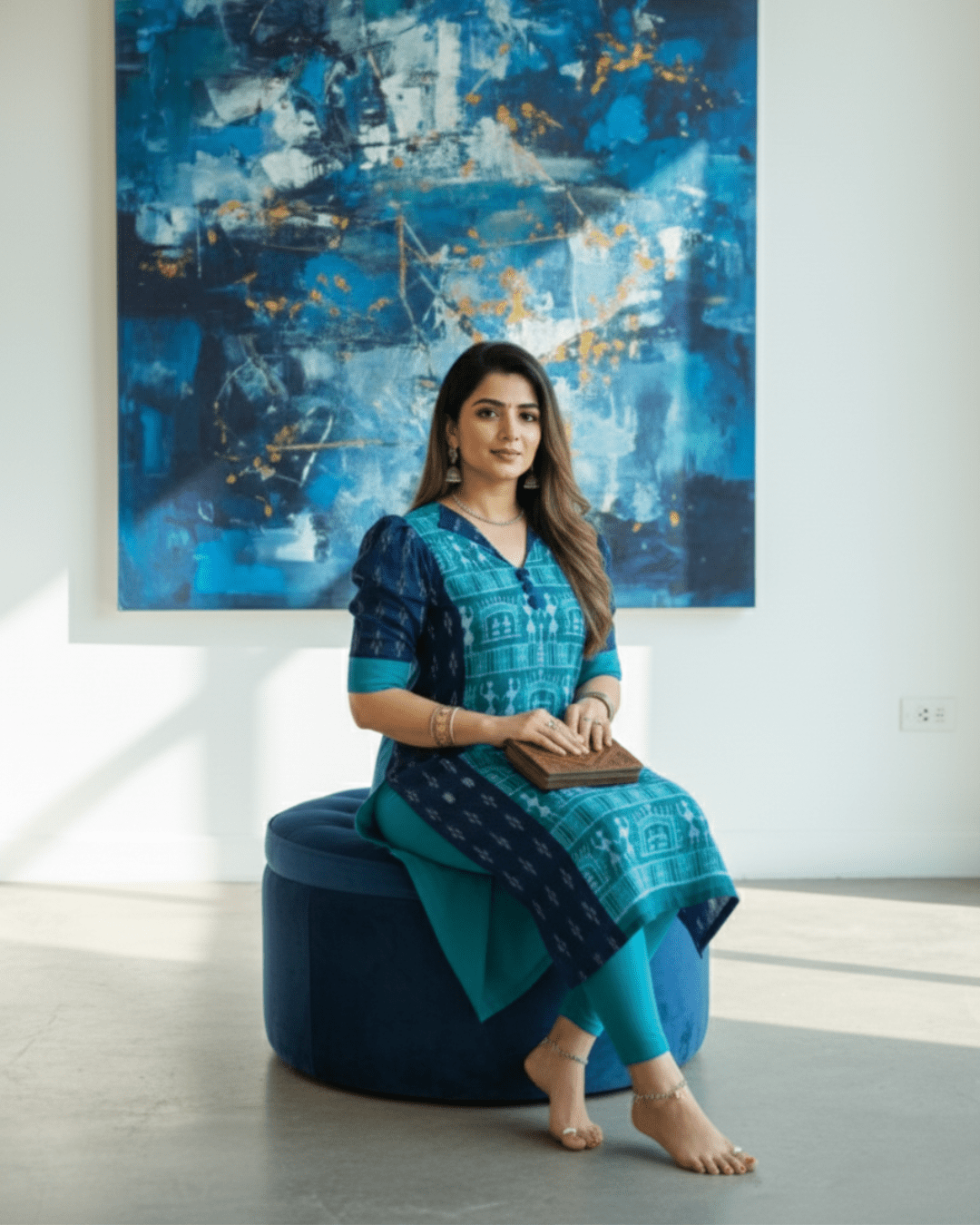 Chitra Saura Art Teal & Navy Sambalpuri Kurti - PINDHAN