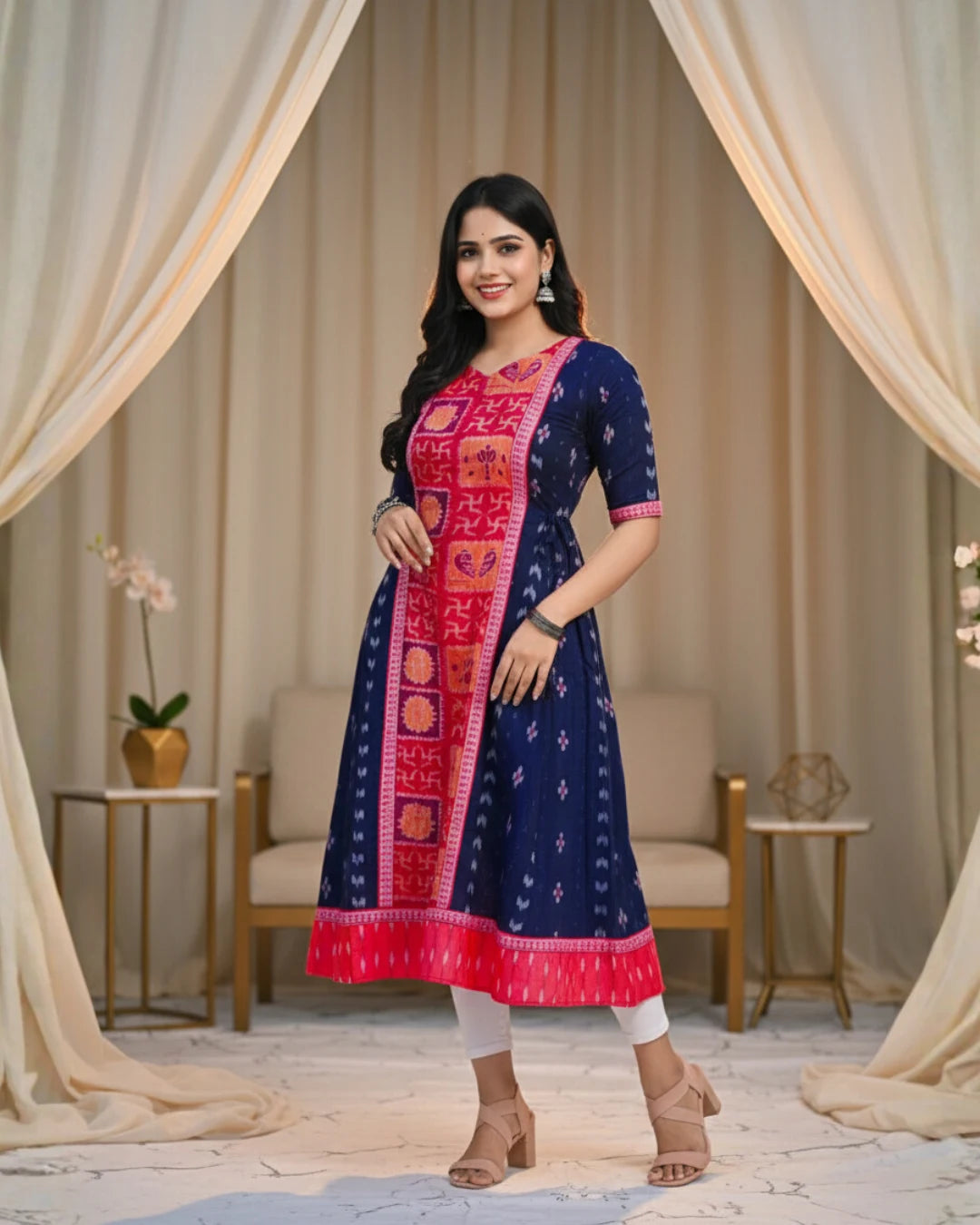 Radhika Navy Blue & Pink Panelled Sambalpuri Handwoven Gown