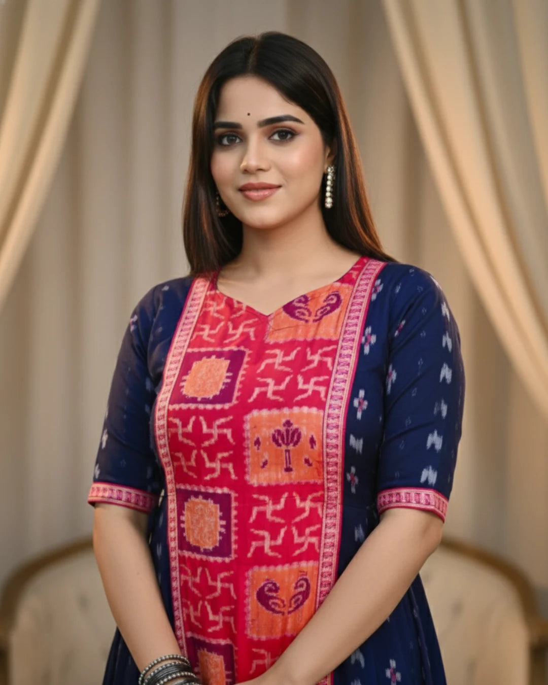Radhika Navy Blue & Pink Panelled Sambalpuri Handwoven Gown