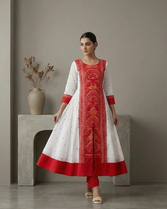 Shubhra White & Red Royal Panelled Sambalpuri Gown