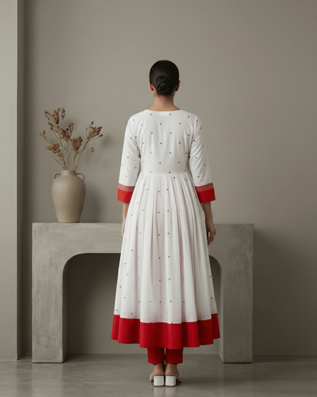 Shubhra White & Red Royal Panelled Sambalpuri Gown - PINDHAN