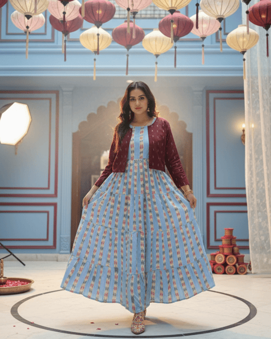 Aarini Handwoven Sky Blue Sambalpuri Gown with Maroon Jacket - PINDHAN
