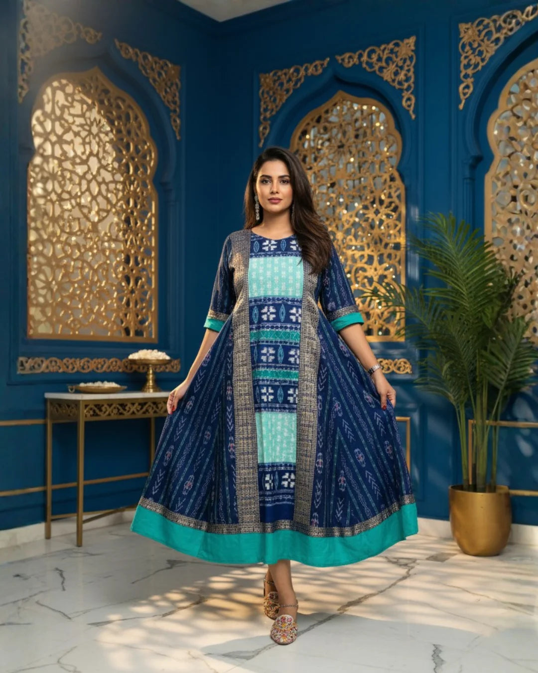 Devina, Navy & Teal Sambalpuri Handwoven Cotton Gown