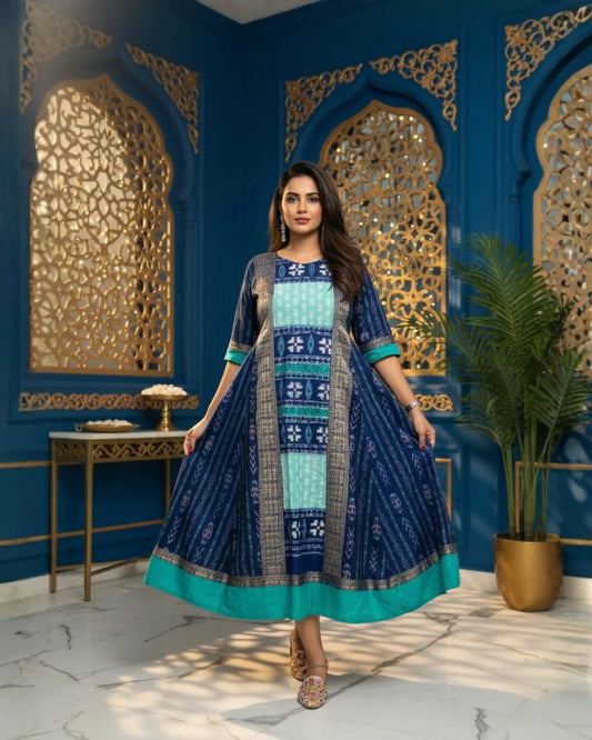 Devina, Navy & Teal Sambalpuri Handwoven Cotton Gown
