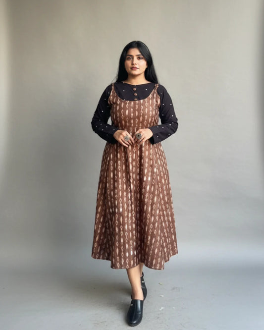 Dharaṇī Earthy Brown Sambalpuri Handloom Cotton Long Dress