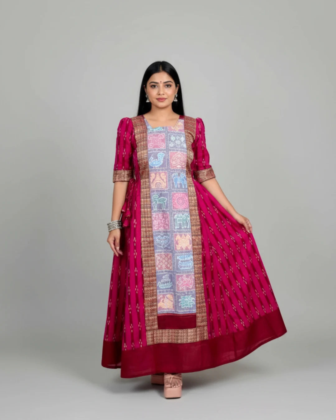Chitralekha Deep Rani Pink Sambalpuri Handloom Cotton Anarkali Dress