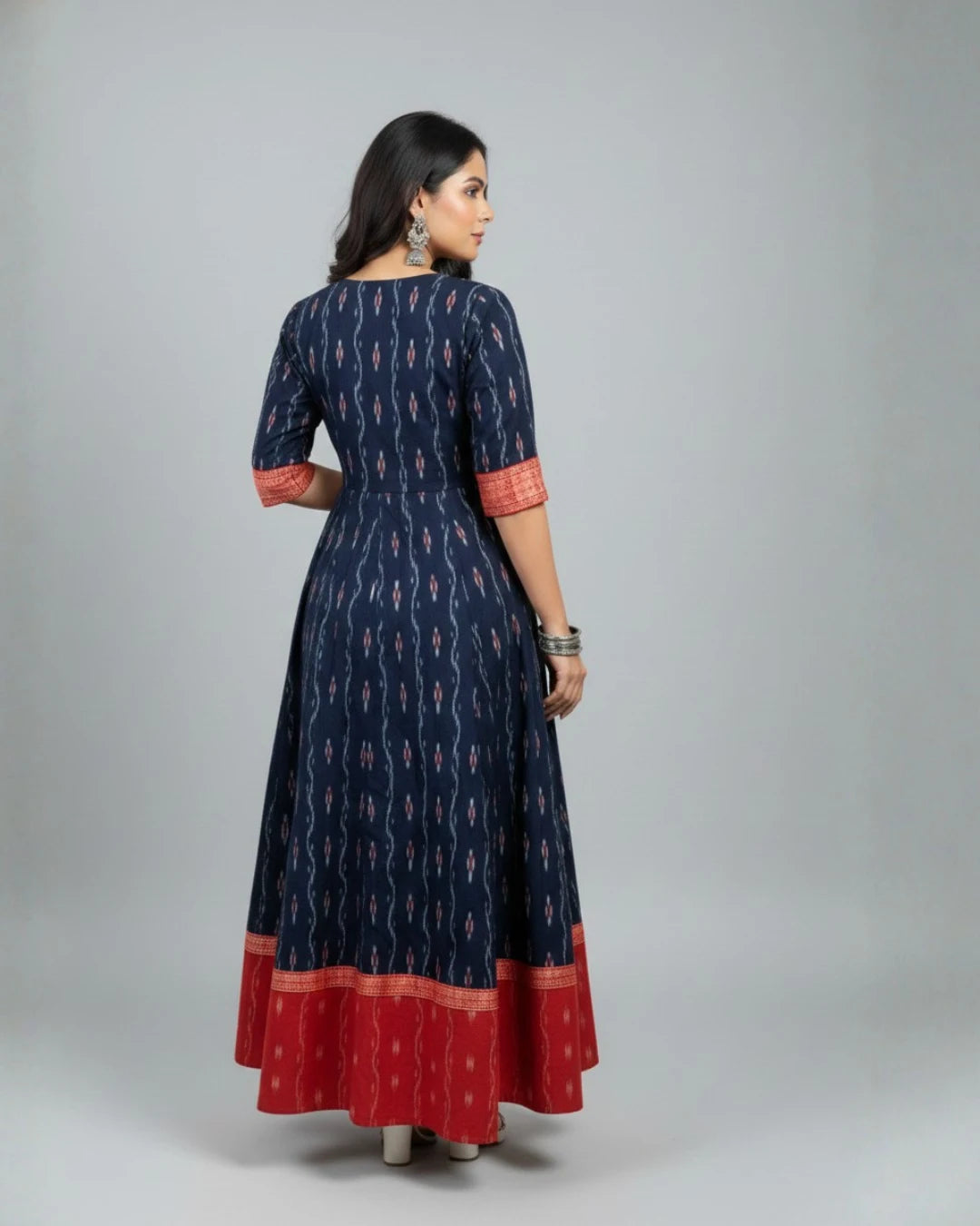 Nisita Navy Blue & Crimson Red Sambalpuri Handloom Cotton Anarkali Dress