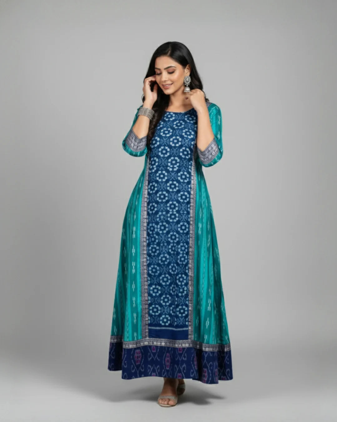 Nilambika Teal & Indigo Sambalpuri Handloom Anarkali Dress