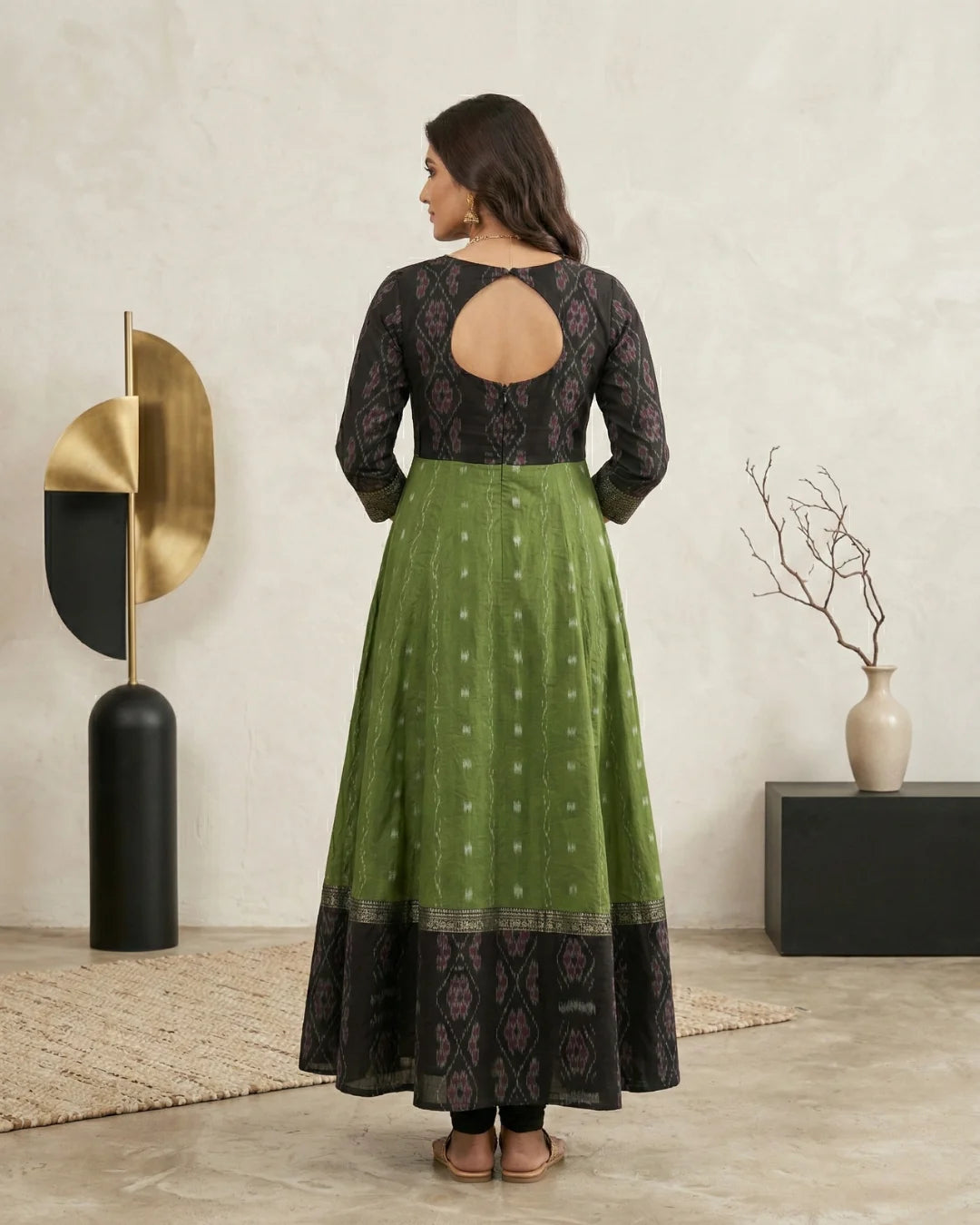 Nila Harita Black & Olive Green Sambalpuri Handloom Gown