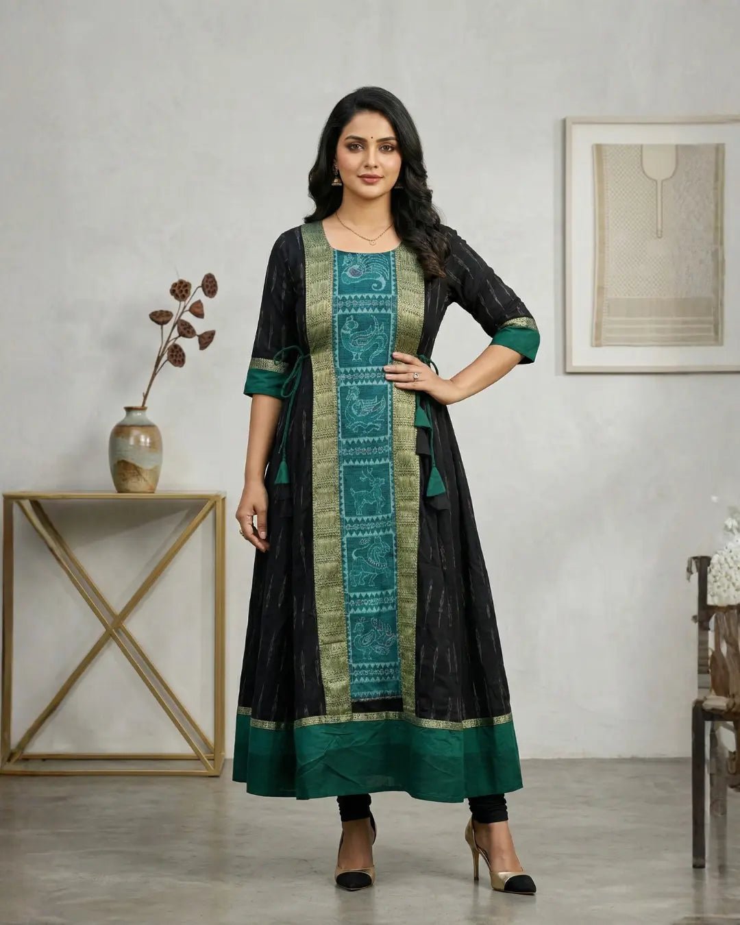 Syama Harita Black & Emerald Green Sambalpuri Handloom Gown - PINDHAN