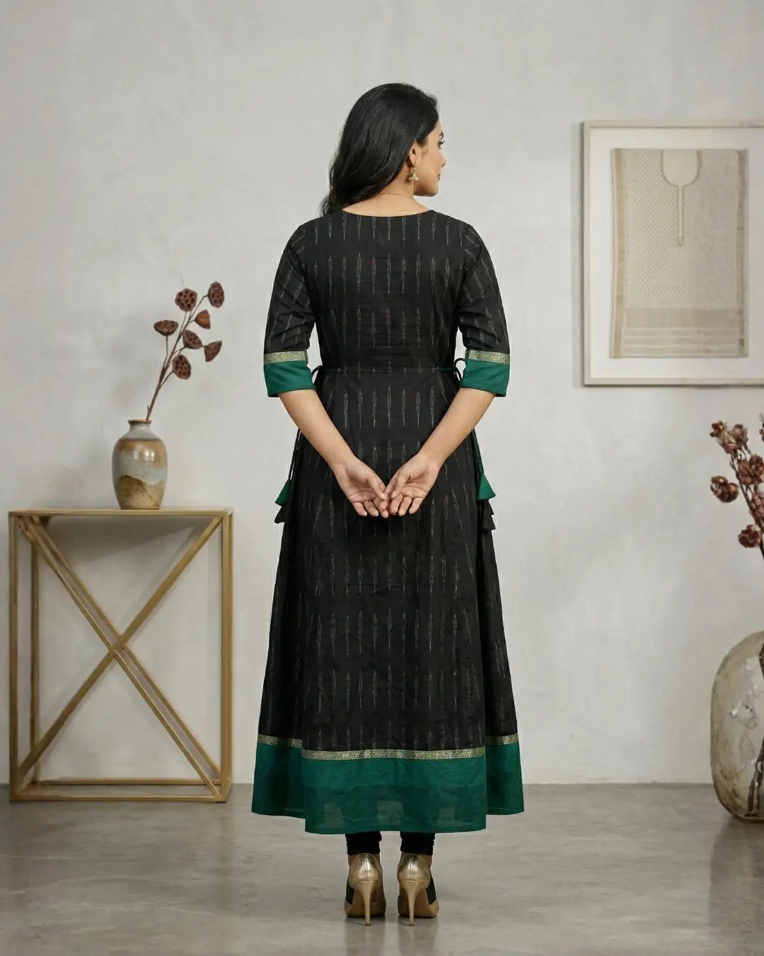 Syama Harita Black & Emerald Green Sambalpuri Handloom Gown - PINDHAN