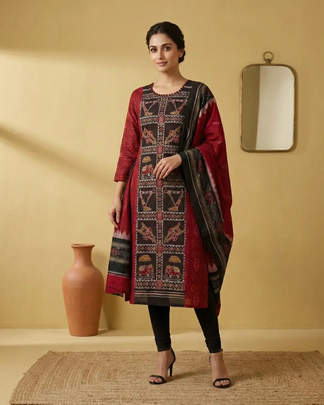 Chandraruṇi Crimson & Black Sambalpuri Handloom Kurti Set - PINDHAN