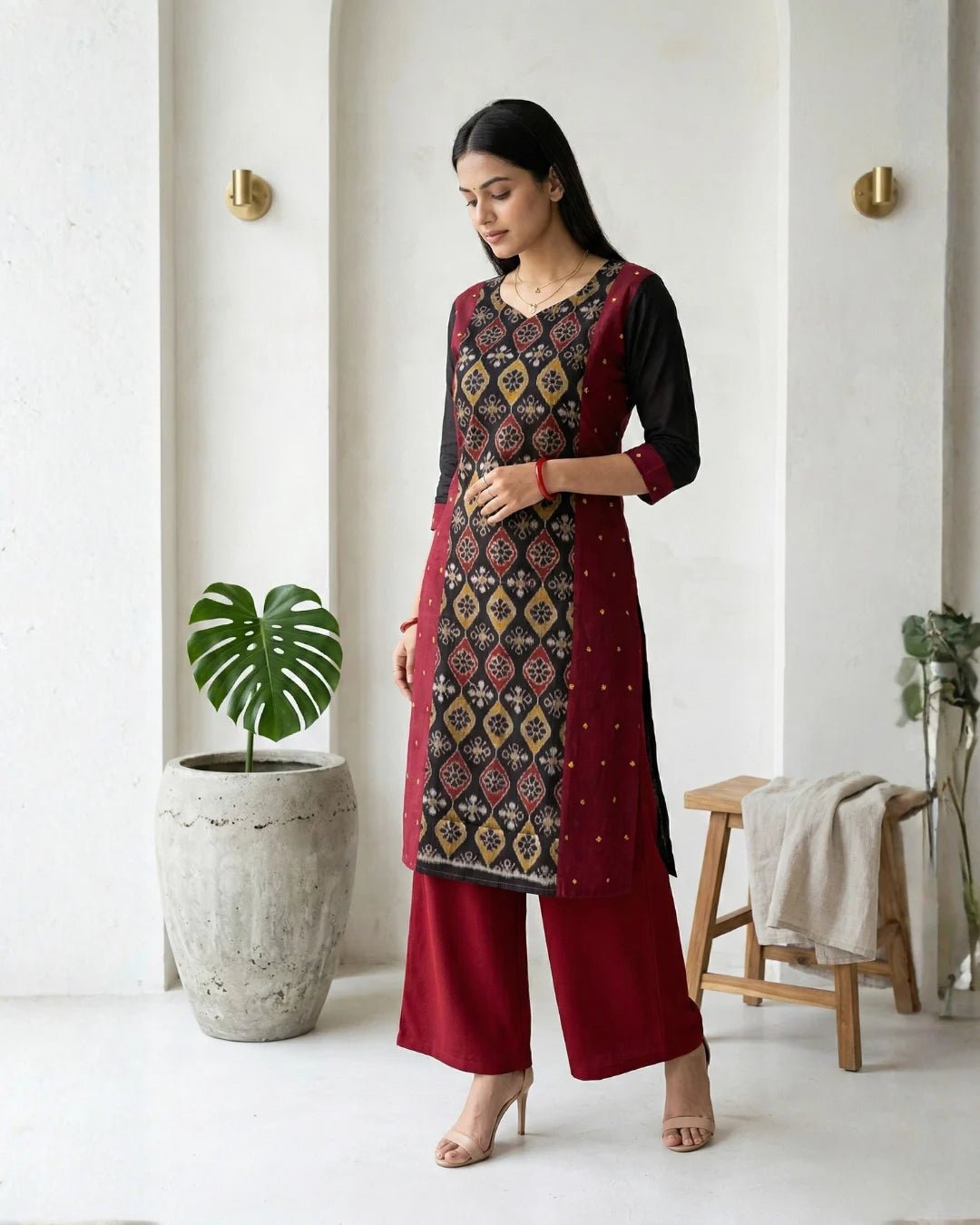 Mrnalini Black & Maroon Sambalpuri Ikat Kurti - PINDHAN