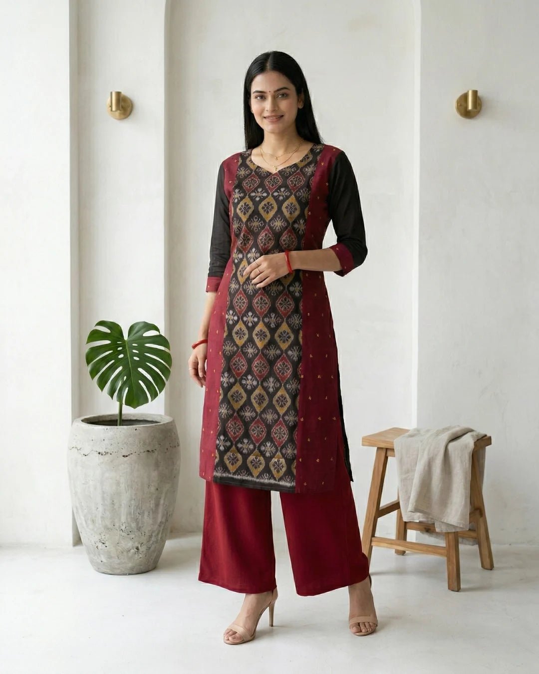 Mrnalini Black & Maroon Sambalpuri Ikat Kurti - PINDHAN