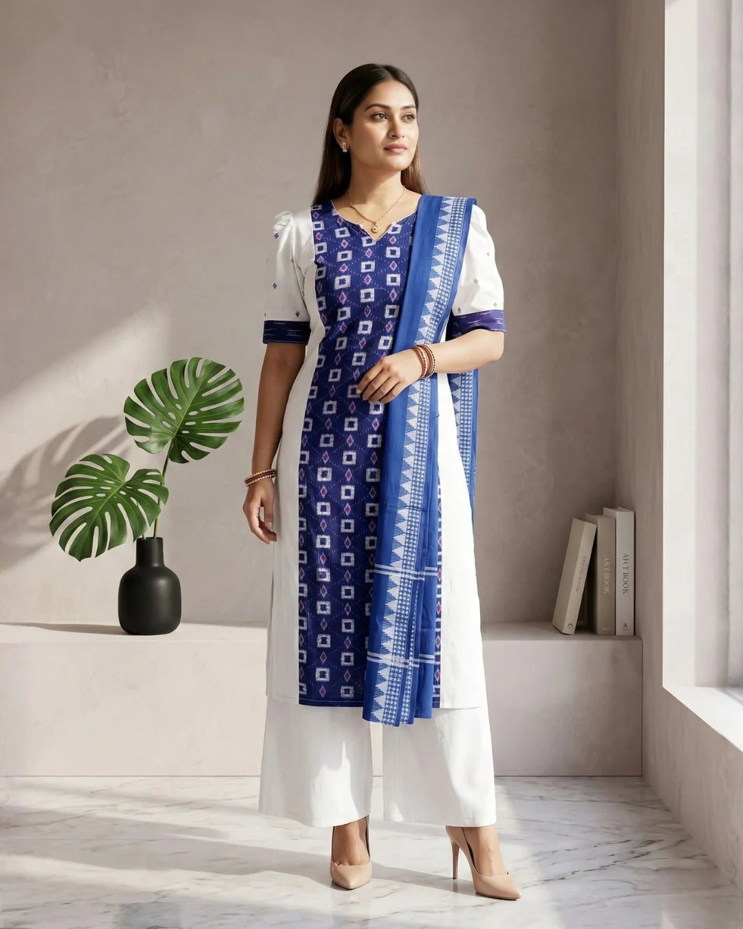 Nīlambara Royal Blue & White Sambalpuri Ikat Kurti Set - PINDHAN
