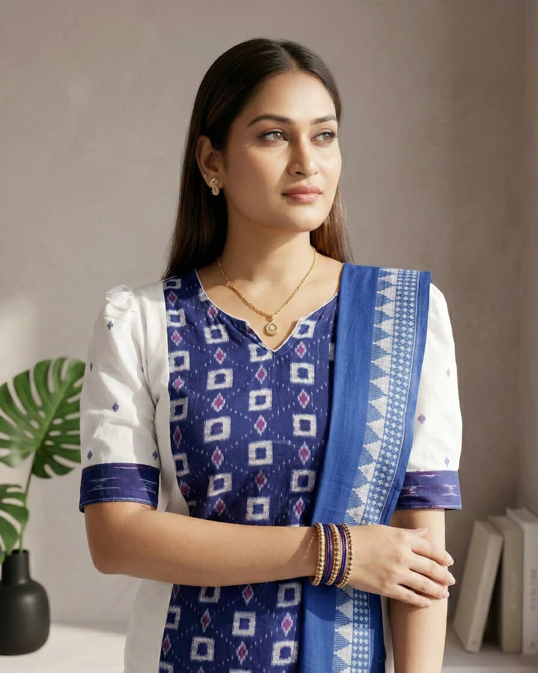 Nīlambara Royal Blue & White Sambalpuri Ikat Kurti Set - PINDHAN