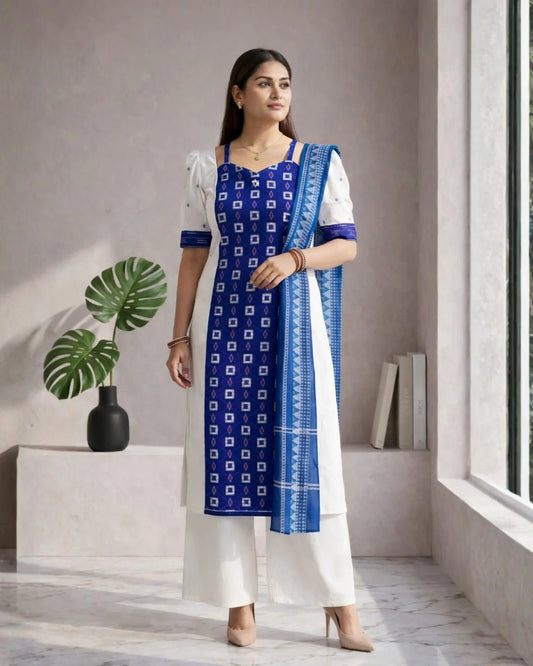 Nīlambara Royal Blue & White Sambalpuri Ikat Kurti Set - PINDHAN
