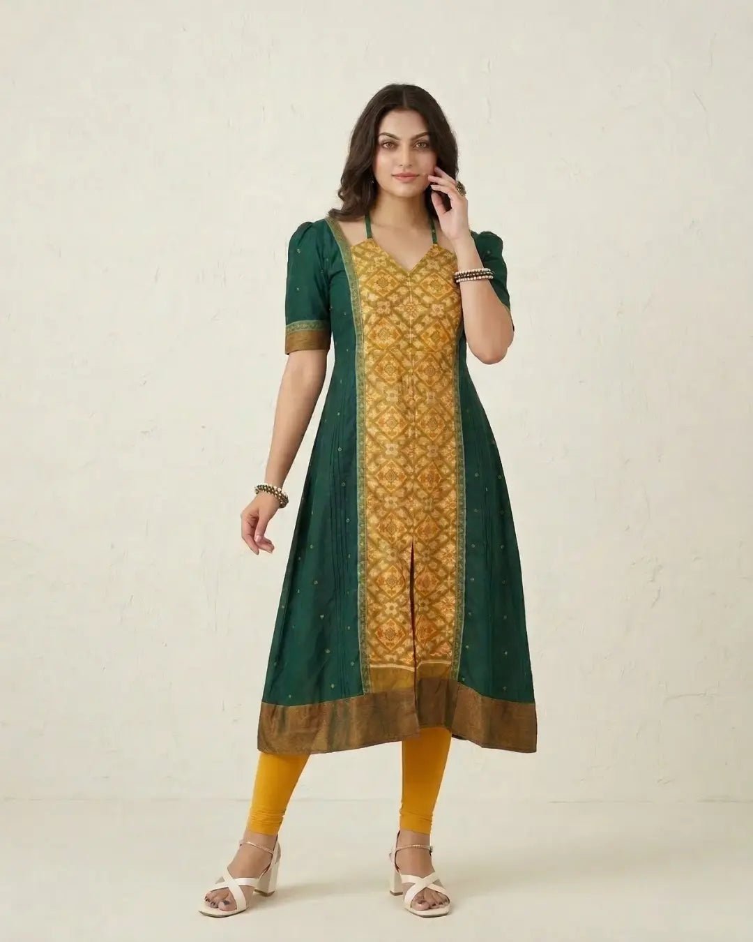 Harikanti Green & Mustard Sambalpuri Handloom Gown - PINDHAN