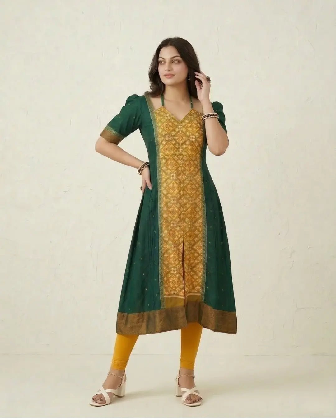 Harikanti Green & Mustard Sambalpuri Handloom Gown - PINDHAN