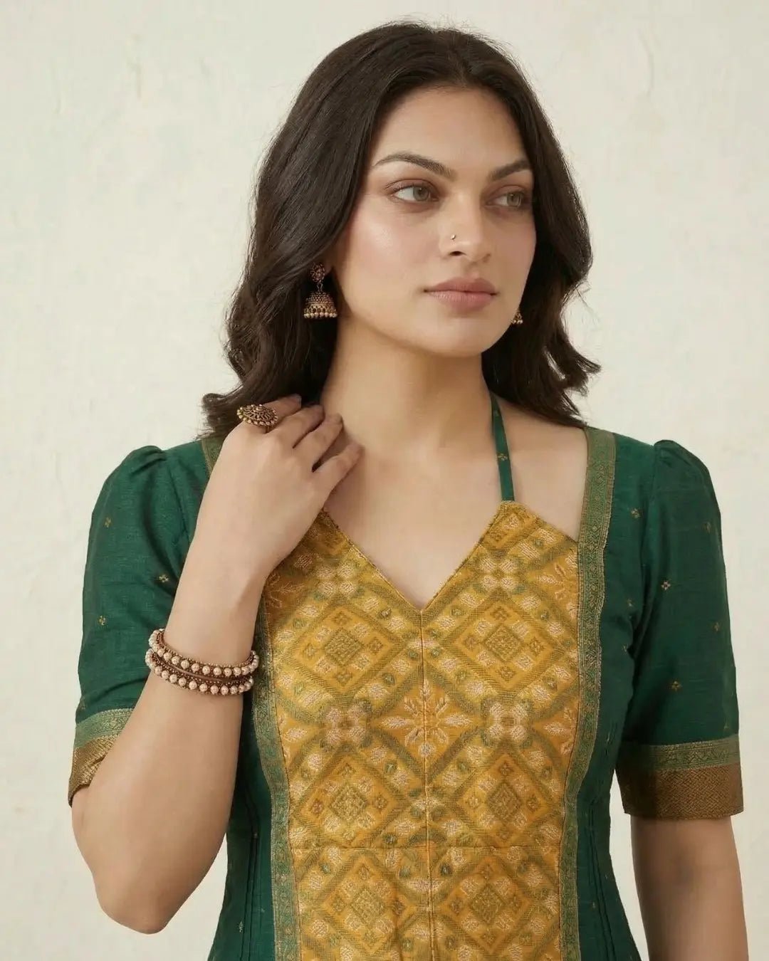 Harikanti Green & Mustard Sambalpuri Handloom Gown - PINDHAN