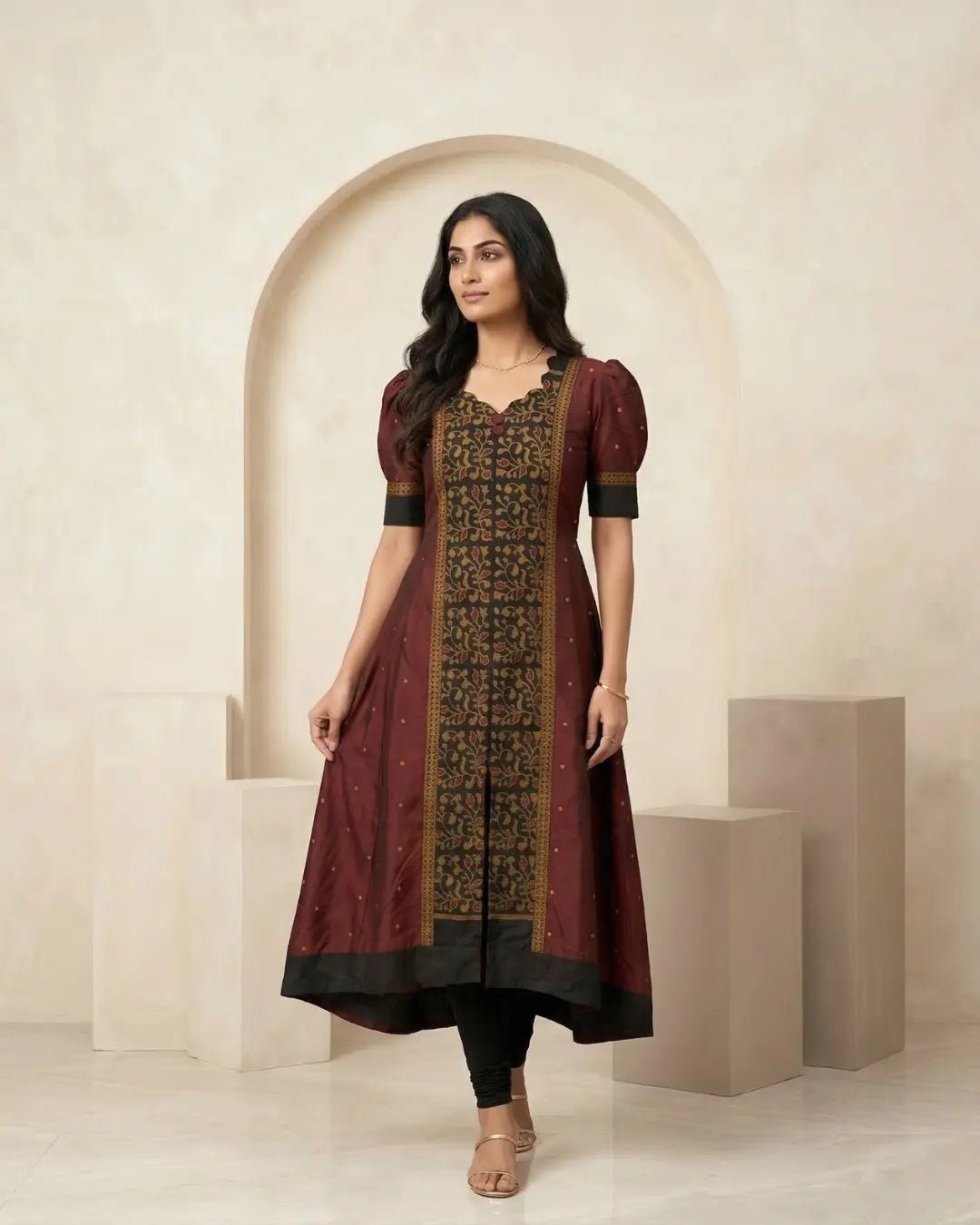 Manjarikanti Maroon & Black Sambalpuri Handloom Gown - PINDHAN