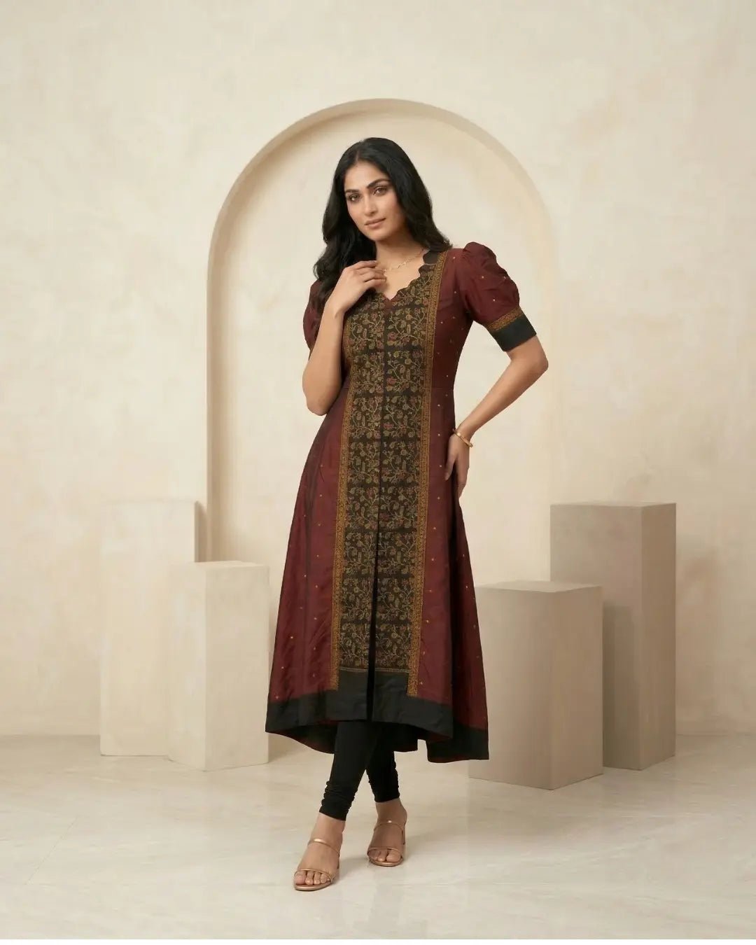 Manjarikanti Maroon & Black Sambalpuri Handloom Gown - PINDHAN