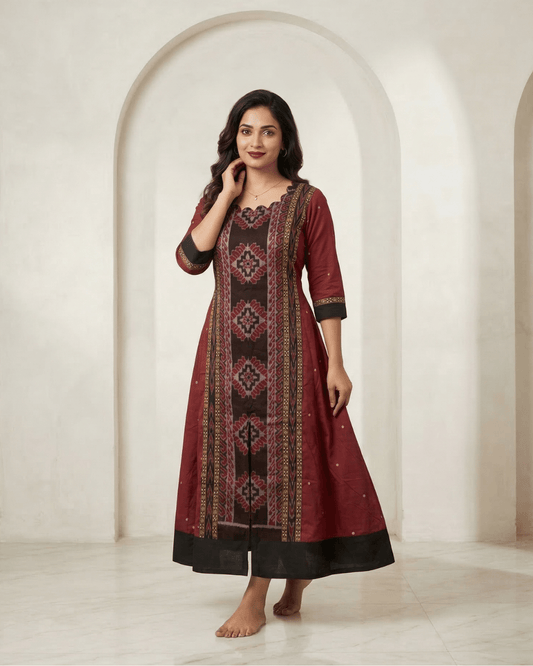 Chitrarekha Maroon & Black Sambalpuri Handloom Gown - PINDHAN