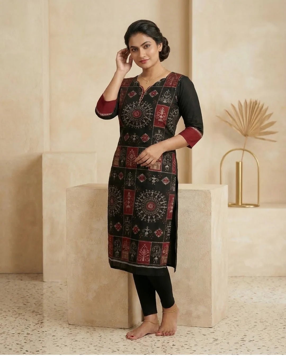 Dipamandala Black & Maroon Sambalpuri Handloom Kurti - PINDHAN