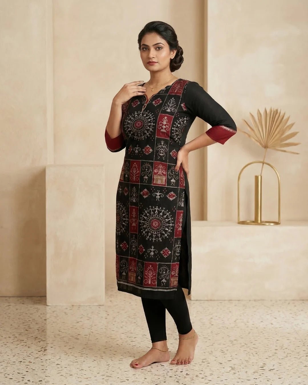 Dipamandala Black & Maroon Sambalpuri Handloom Kurti - PINDHAN