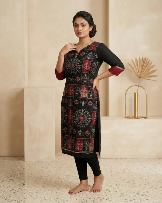 Dipamandala Black & Maroon Sambalpuri Handloom Kurti - PINDHAN
