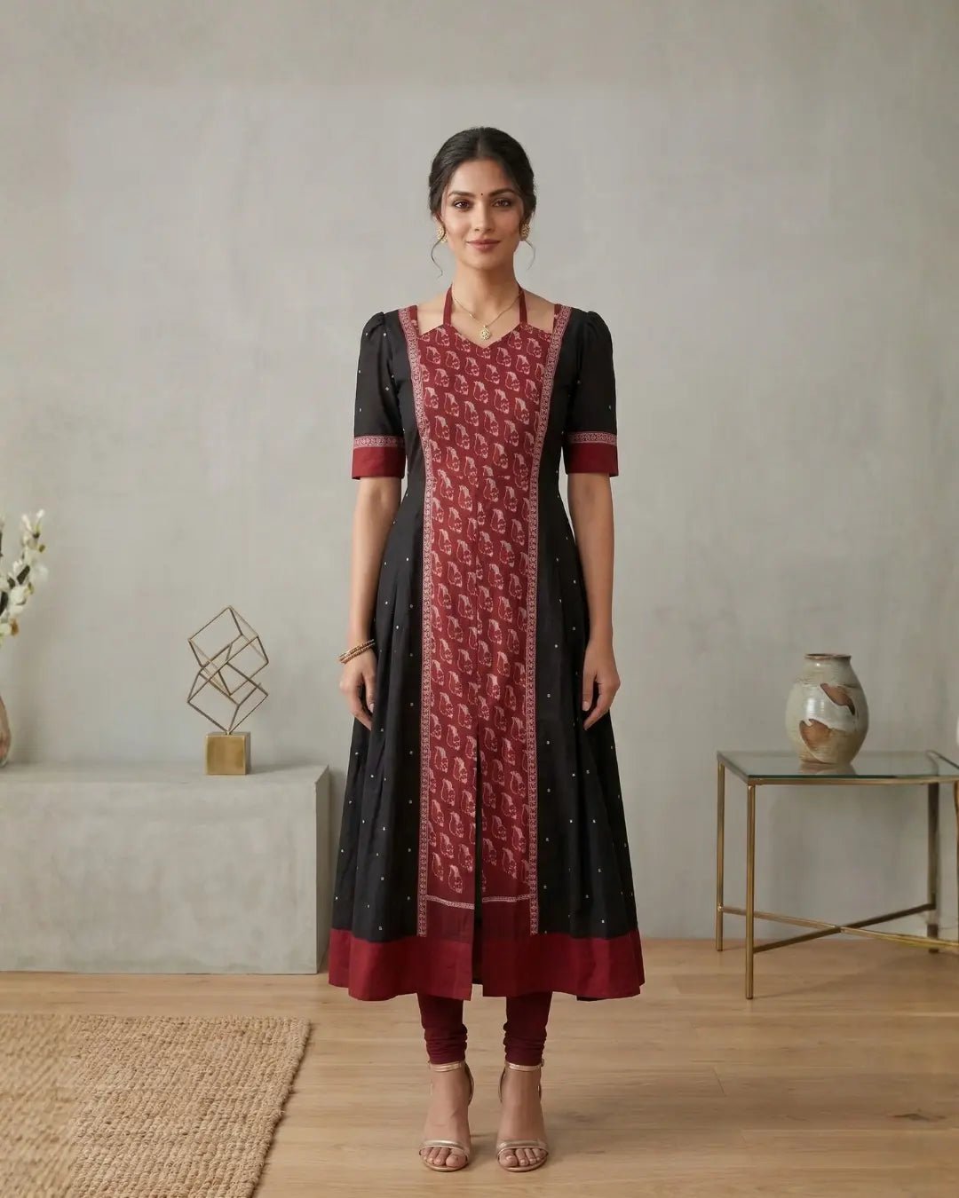 Sobhamanjari Black & Maroon Sambalpuri Handloom Gown - PINDHAN