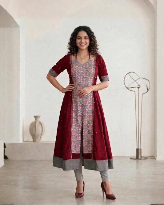 Mrdulasri Wine Red Sambalpuri Handloom Gown - PINDHAN