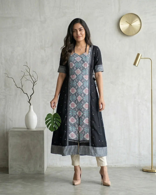 Santalata Black & Grey Sambalpuri Handloom Gown - PINDHAN