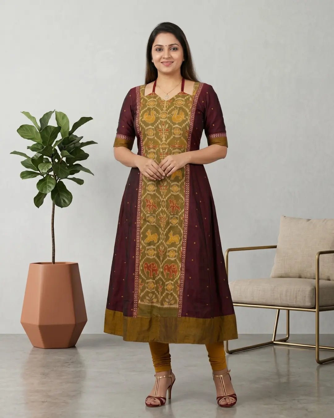 Vasudhara Maroon & Olive Sambalpuri Handloom Gown - PINDHAN