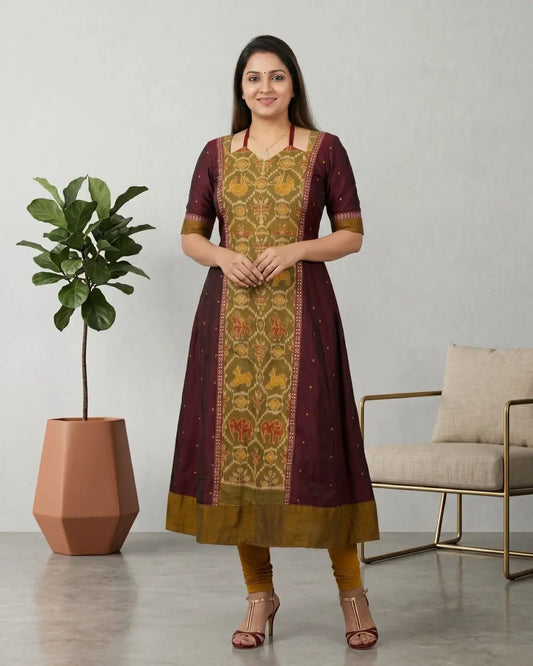 Vasudhara Maroon & Olive Sambalpuri Handloom Gown - PINDHAN