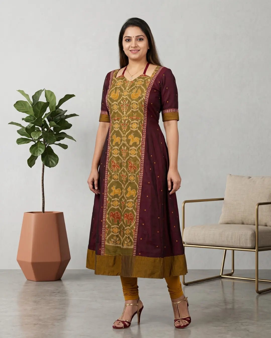 Vasudhara Maroon & Olive Sambalpuri Handloom Gown - PINDHAN