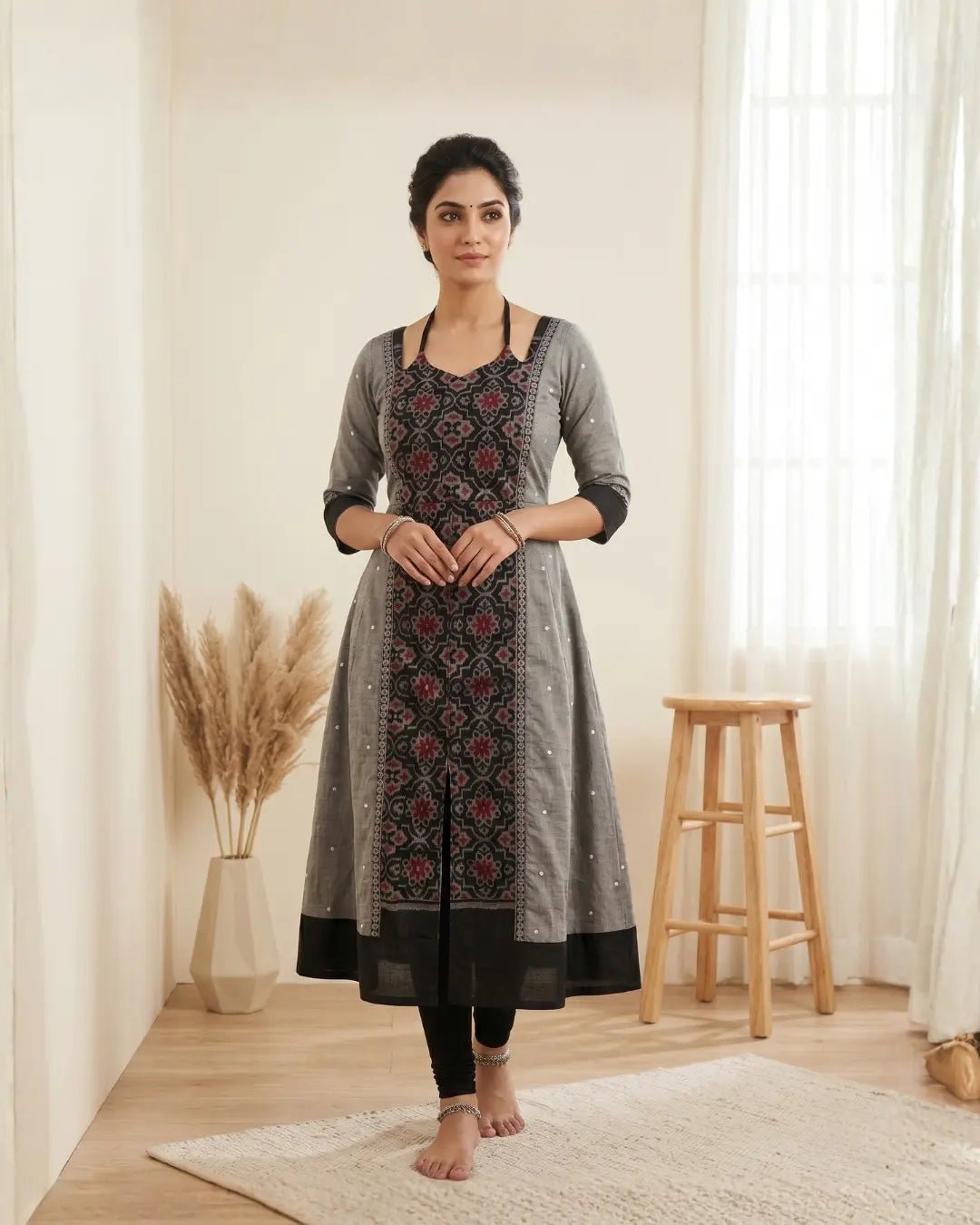 Sobhitangana Grey Sambalpuri Handloom Anarkali Dress - PINDHAN