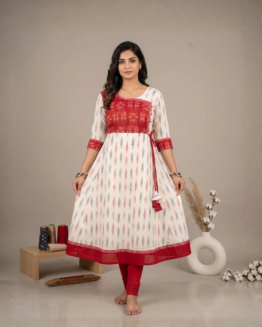 Kumudini Ivory & Red Sambalpuri Handloom Dress - PINDHAN