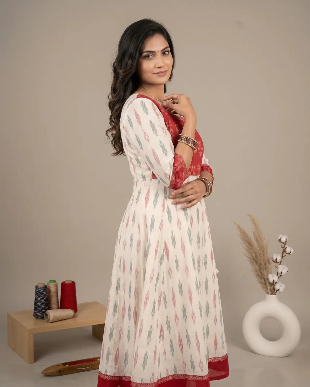 Kumudini Ivory & Red Sambalpuri Handloom Dress - PINDHAN
