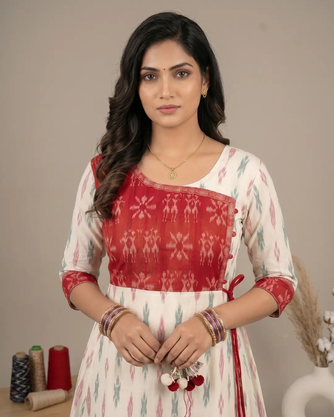 Kumudini Ivory & Red Sambalpuri Handloom Dress - PINDHAN