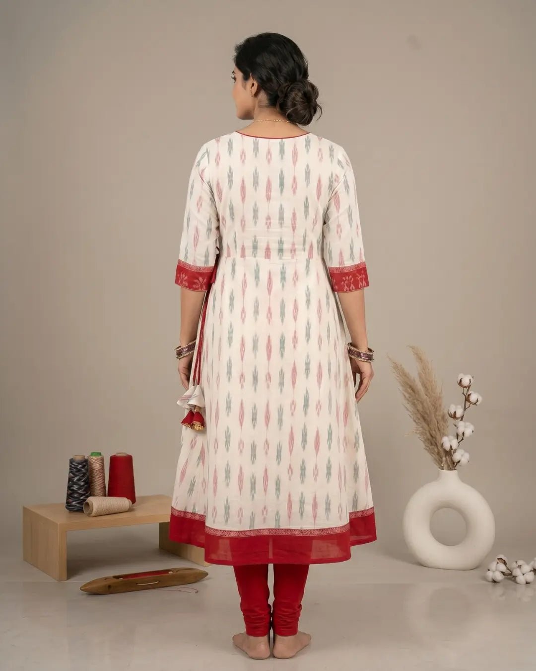 Kumudini Ivory & Red Sambalpuri Handloom Dress - PINDHAN