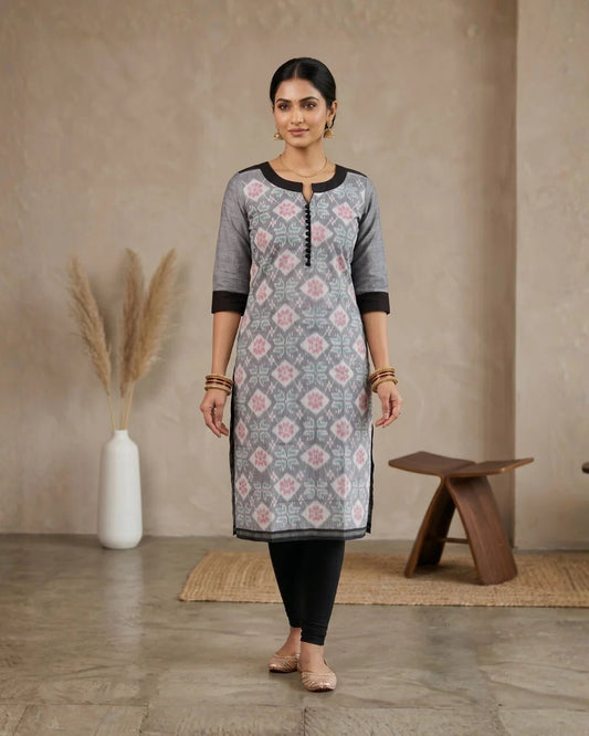 Saumya Grey Sambalpuri Handloom Kurti - PINDHAN