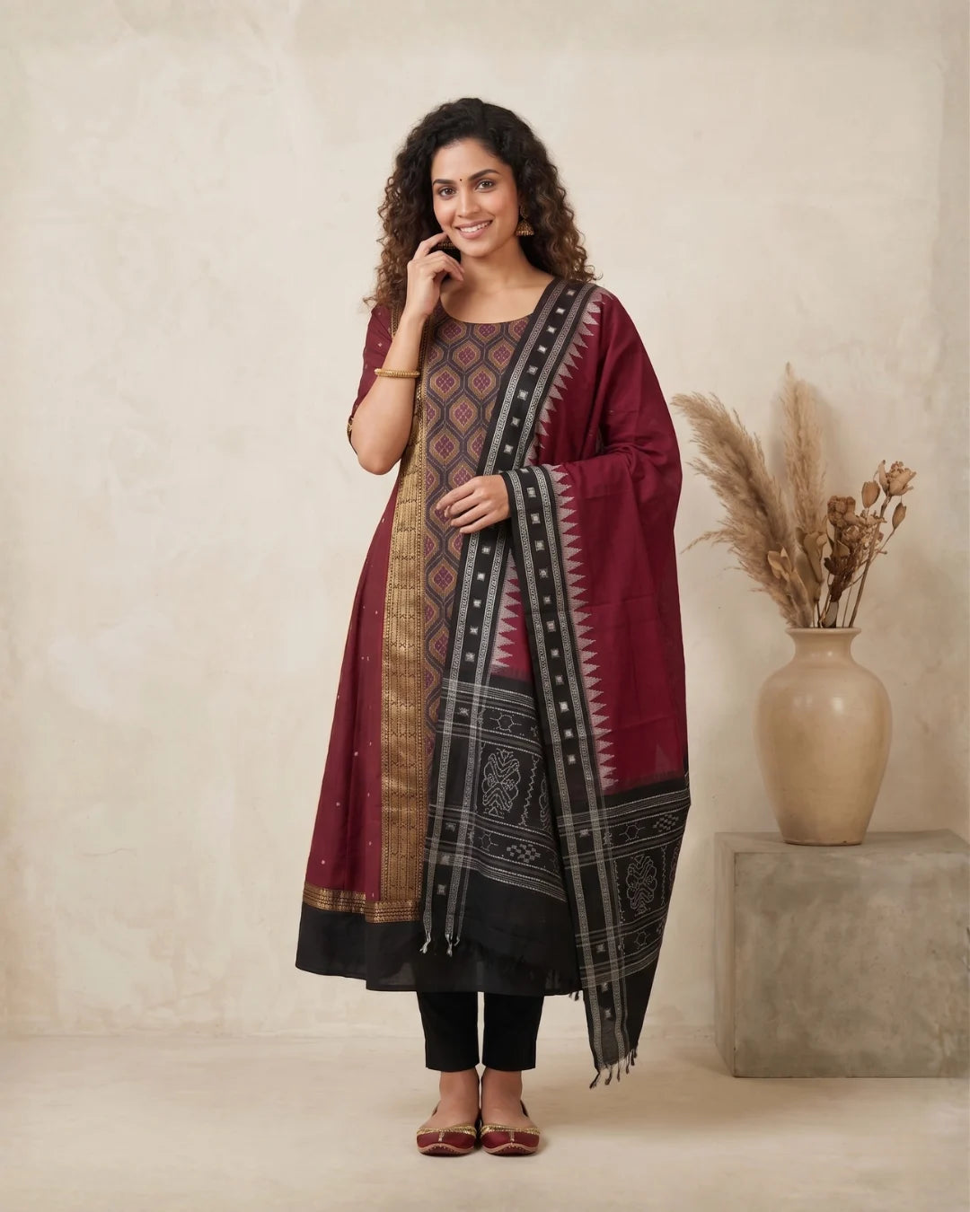 Madhavira Maroon Sambalpuri Handloom Anarkali
