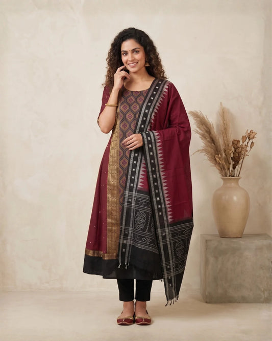 Madhavira Maroon Sambalpuri Handloom Anarkali