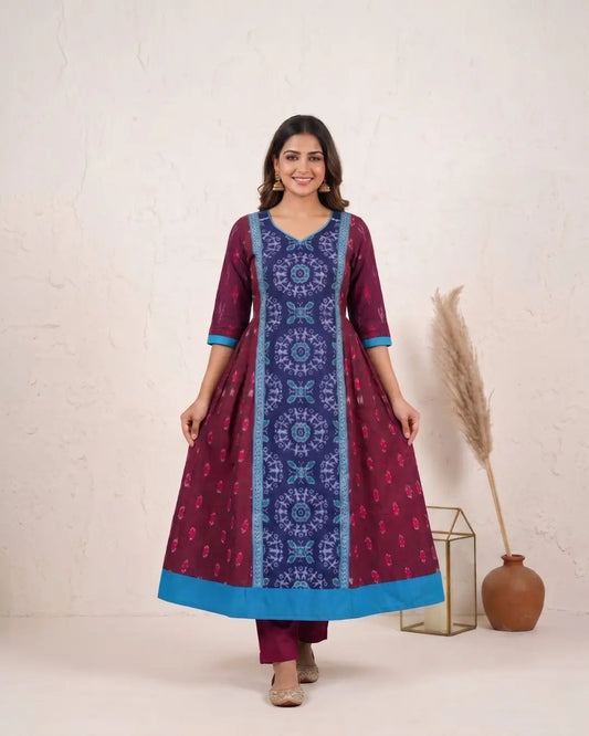 Nilamadhavi Maroon & Indigo Sambalpuri Handloom Anarkali