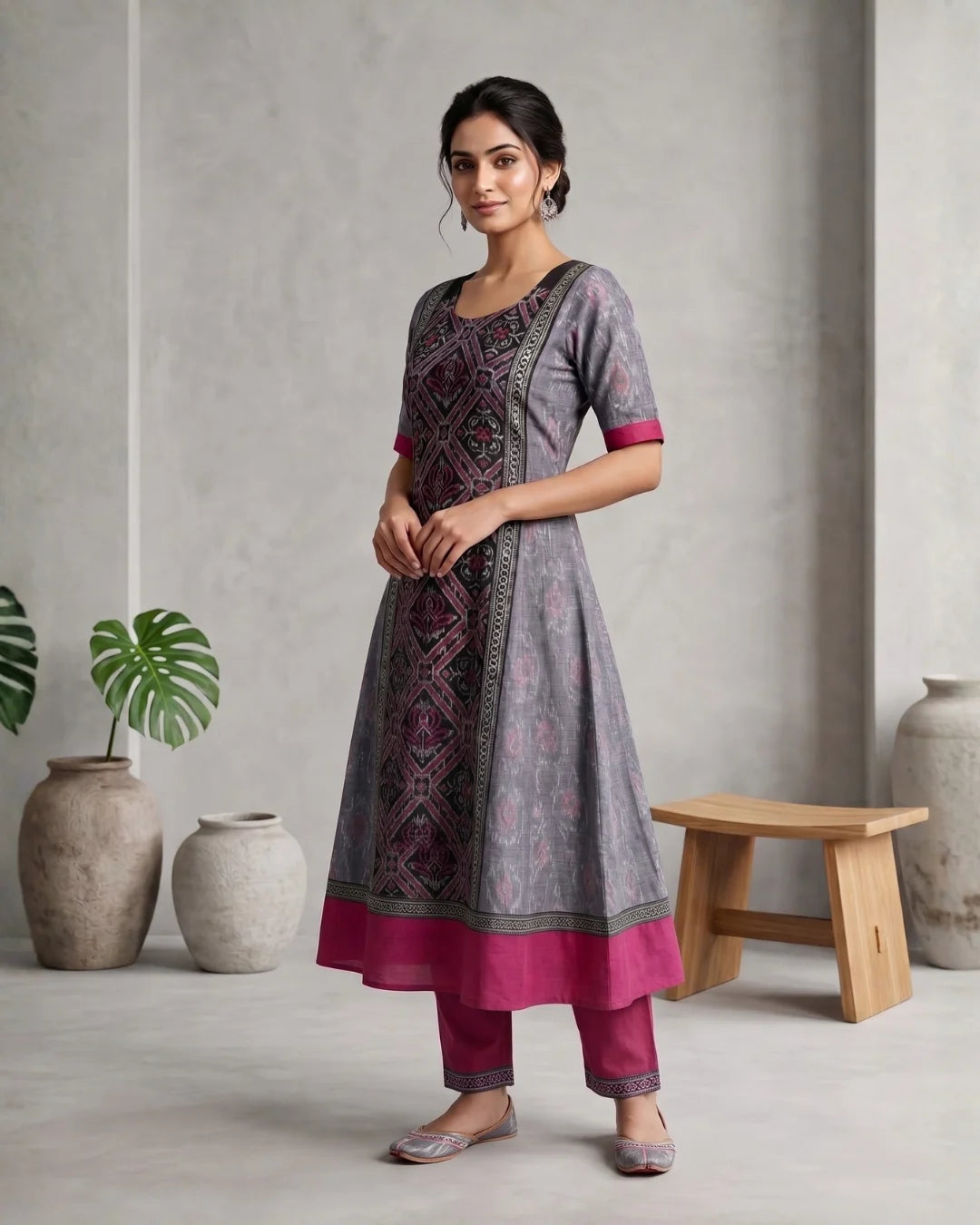Rajanisri Grey & Magenta Sambalpuri Handloom Anarkali