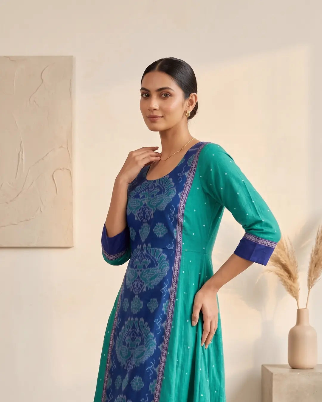 Nilatarangini Blue-Green Sambalpuri Handloom Anarkali Set